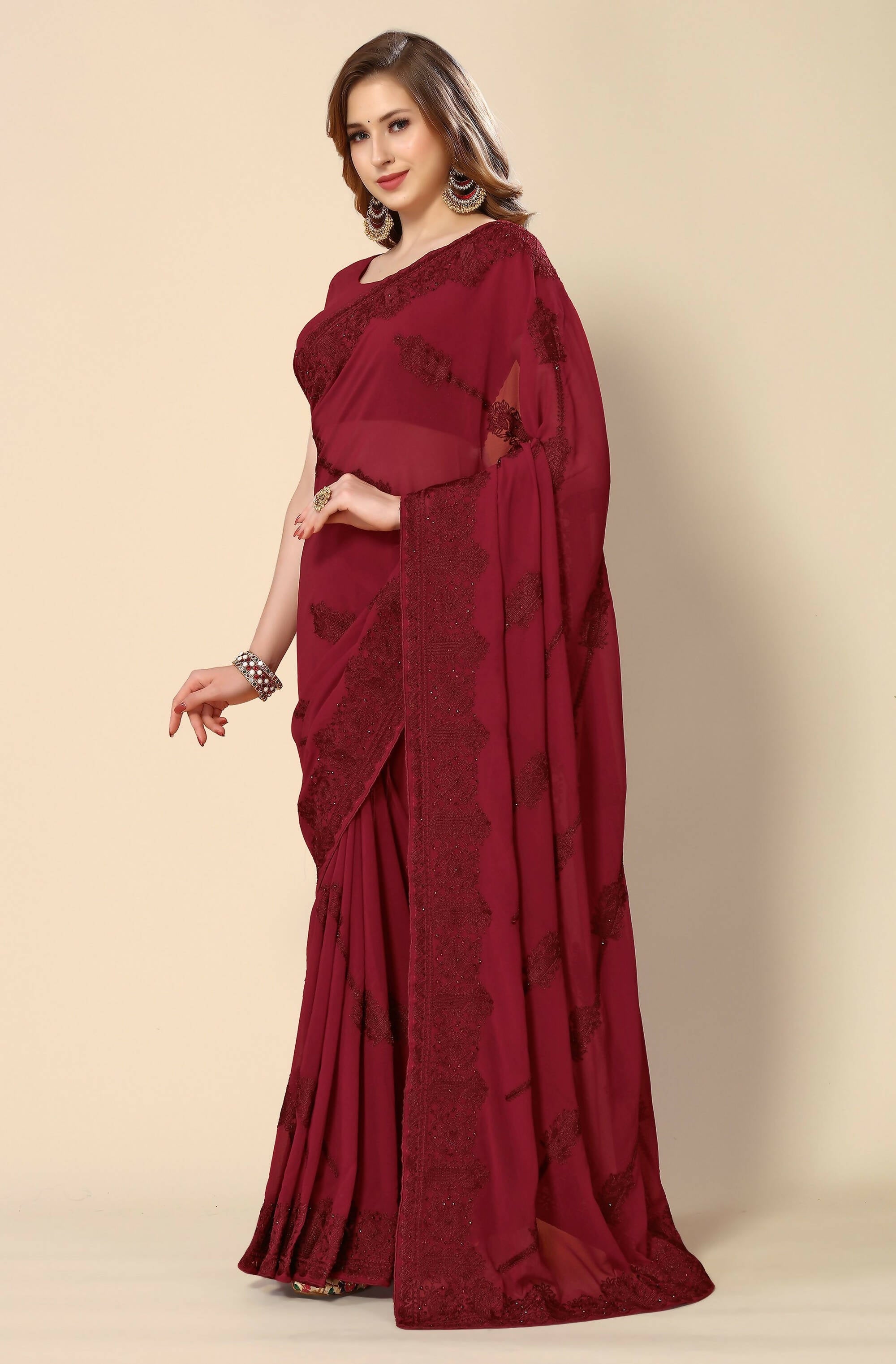 Maroon Georgette Embroidered and Stone Work Saree with Unstitched Blouse Piece - Roozal | Grocsy