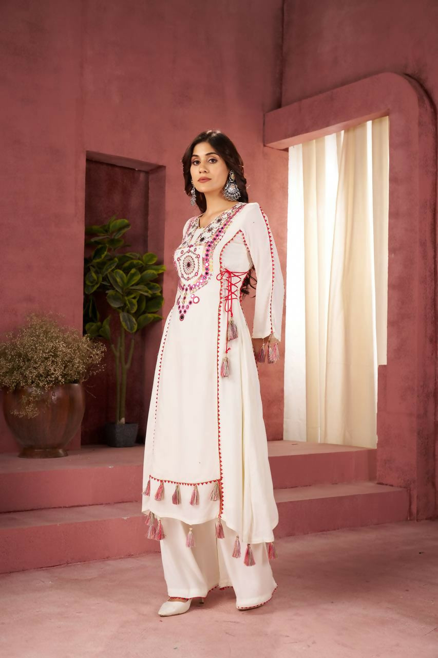 The52 Women's Gorgeous Rayon Fabric Thread Work Straight Kurta Palazzo Set | Grocsy