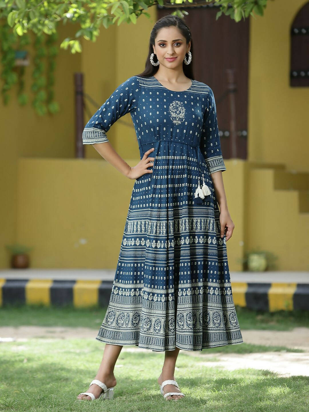 Juniper Blue Rayon Festive Printed Flared Dress For Women | Grocsy