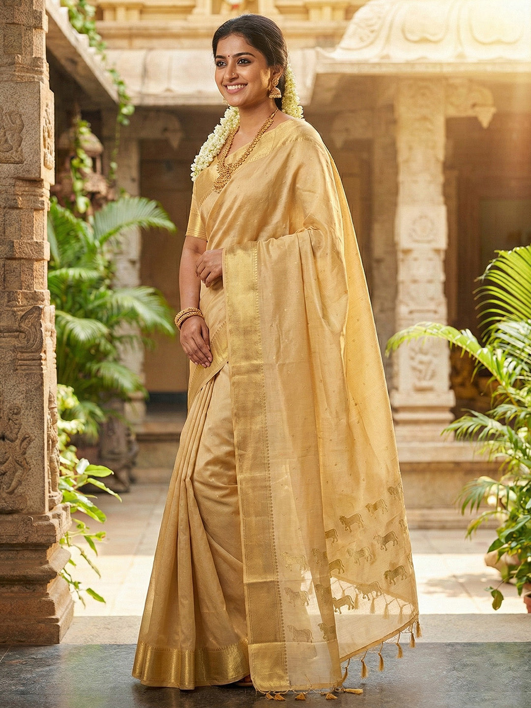 Anaita Beige Silk Saree With Blouse Piece | Grocsy