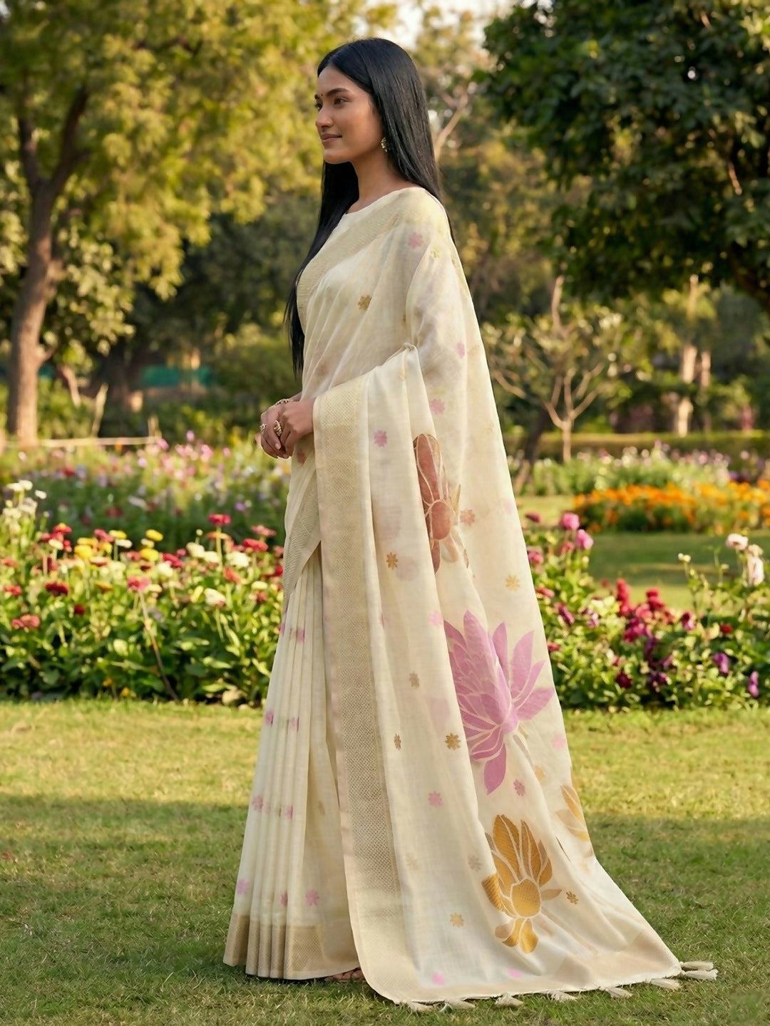 Shree Shyam Fashion White Linen Cotton Saree | Grocsy
