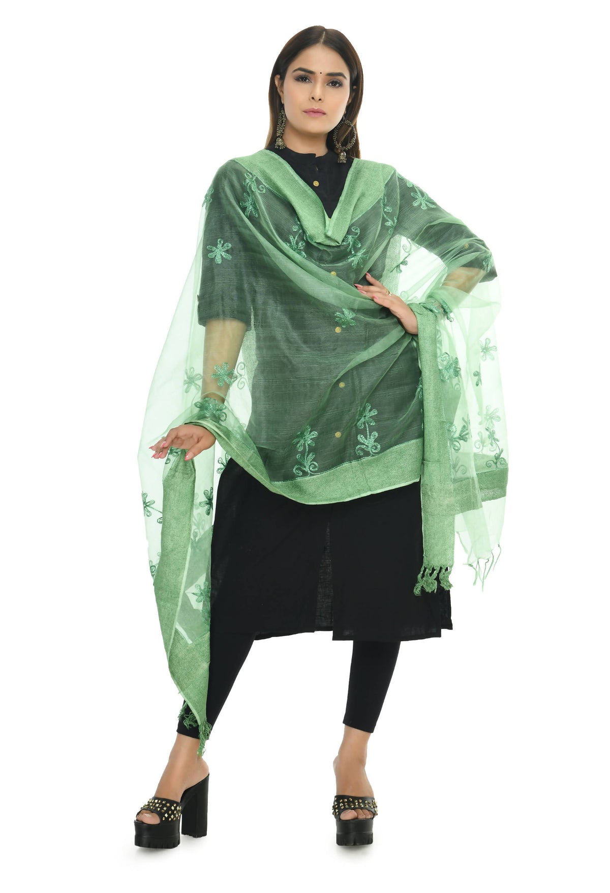 Mominos Fashion Moeza Orgenza Pista Green Chikan Work Dupatta | Grocsy