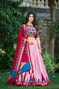 Vastranavya Printed and Foil Work Tussar Silk Lehenga with Unstitched Blouse - Peach | Grocsy