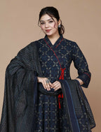 Miravan Women's Abstract Printed & Tasseles Angrakha Kurta With Blue Dupatta Set | Grocsy