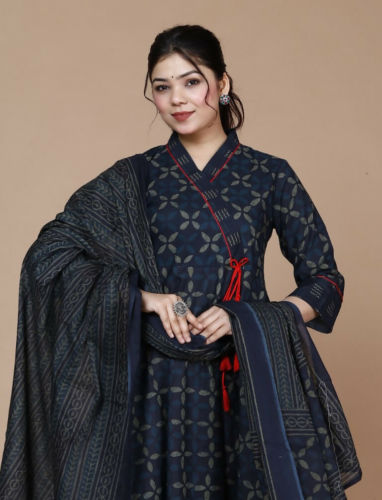 Miravan Women's Abstract Printed & Tasseles Angrakha Kurta With Blue Dupatta Set | Grocsy
