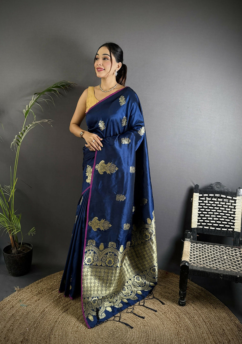 Joban Fashion Navy Blue Banarasi Lichi Silk Gold Zari Meena Saree | Grocsy