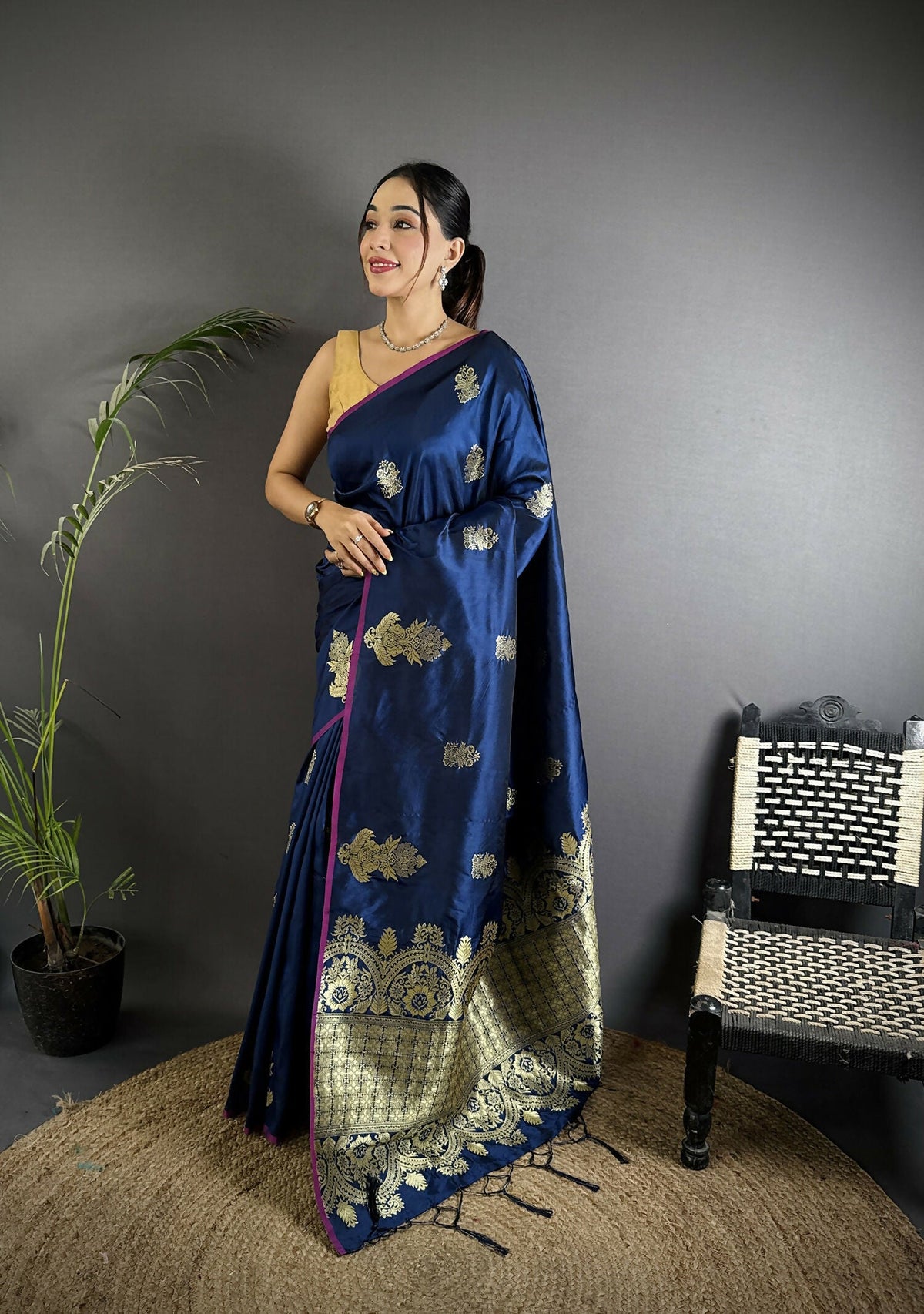 Joban Fashion Navy Blue Banarasi Lichi Silk Gold Zari Meena Saree | Grocsy