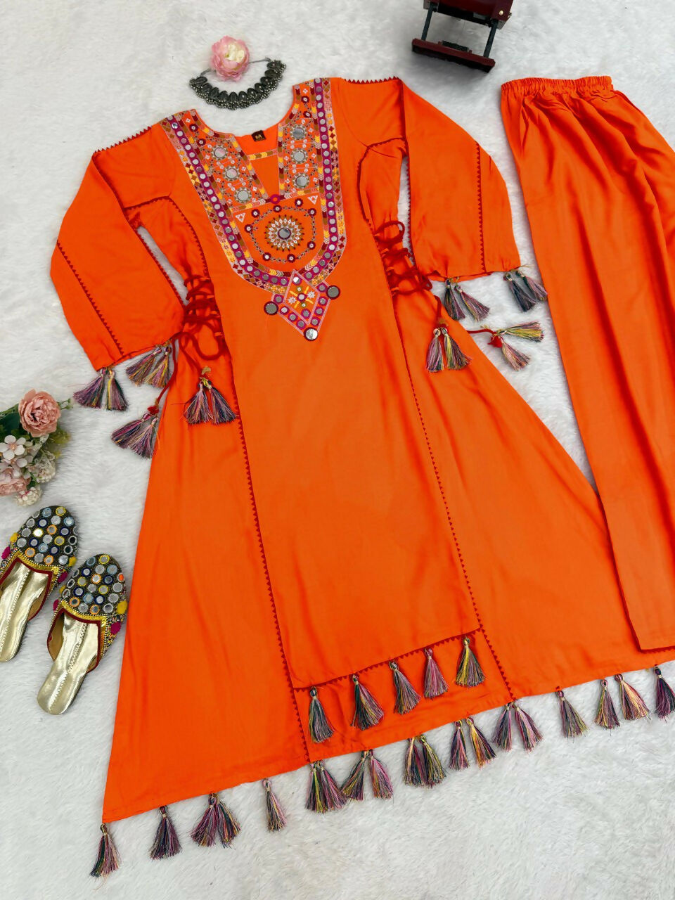 The52 Women's Gorgeous Rayon Fabric Thread Work Straight Kurta Palazzo Set | Grocsy