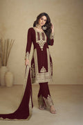 Vastranavya Gorgeous Maroon Faux Georgette with Embroidery 3mm Sequence & Coding Work Pakistani Straight Pant Suit | Grocsy
