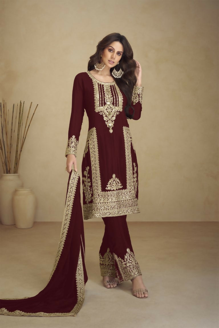 Vastranavya Gorgeous Maroon Faux Georgette with Embroidery 3mm Sequence & Coding Work Pakistani Straight Pant Suit | Grocsy