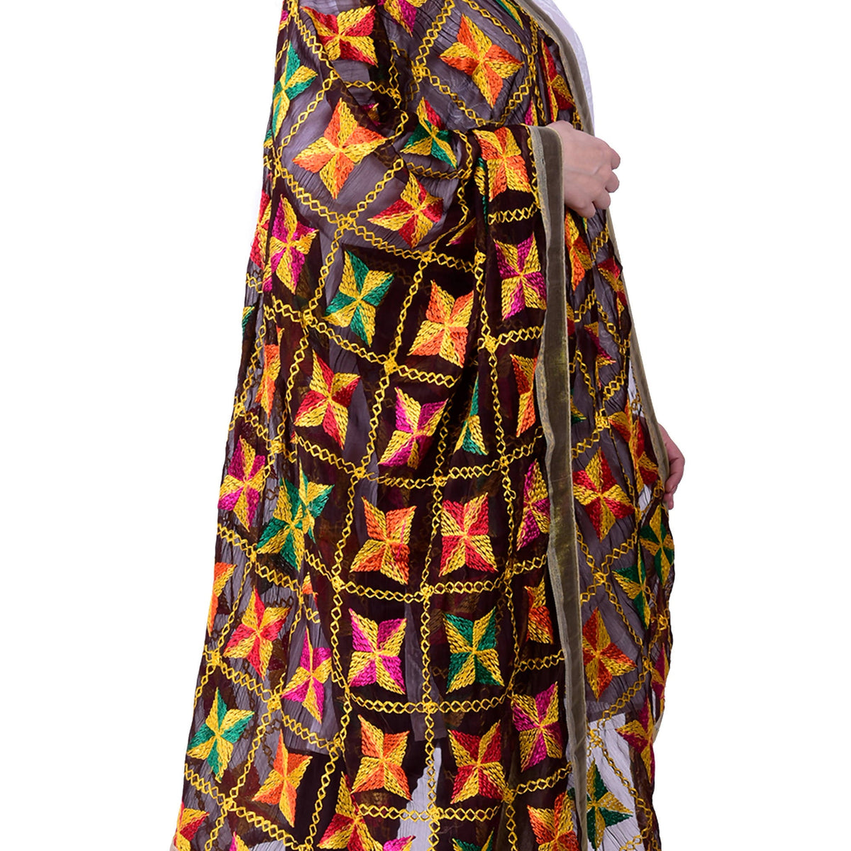 SWI Stylish Embroidered Phulkari Chiffon Coffee Color Dupatta | Grocsy