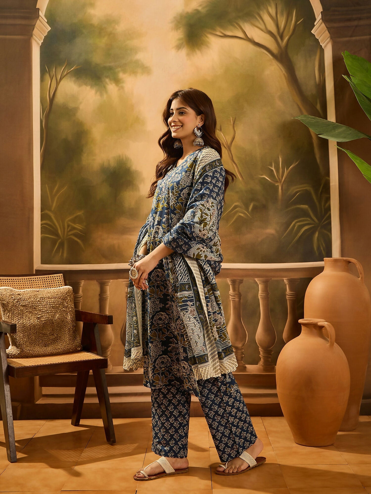 Joban Fashion Printed Navy Blue Pure Cotton Kurta Set | Grocsy