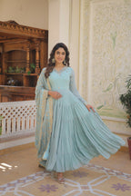 Joban Fashion Sky Blue Georgette Sequence Embroidery Work Kurta Set | Grocsy