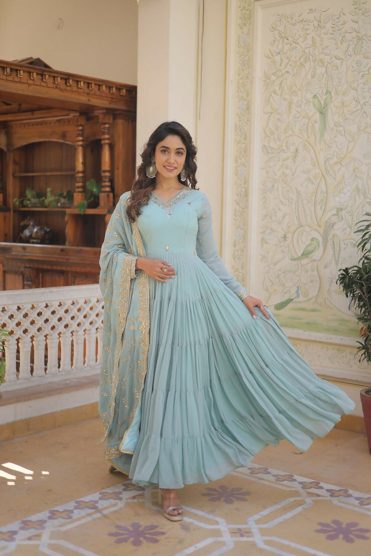 Joban Fashion Sky Blue Georgette Sequence Embroidery Work Kurta Set | Grocsy