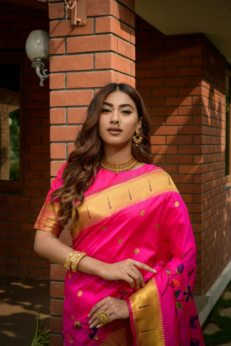 Jyoti Fashion Women's Pink Paithani Silk Zari Woven Saree with Blouse | Grocsy