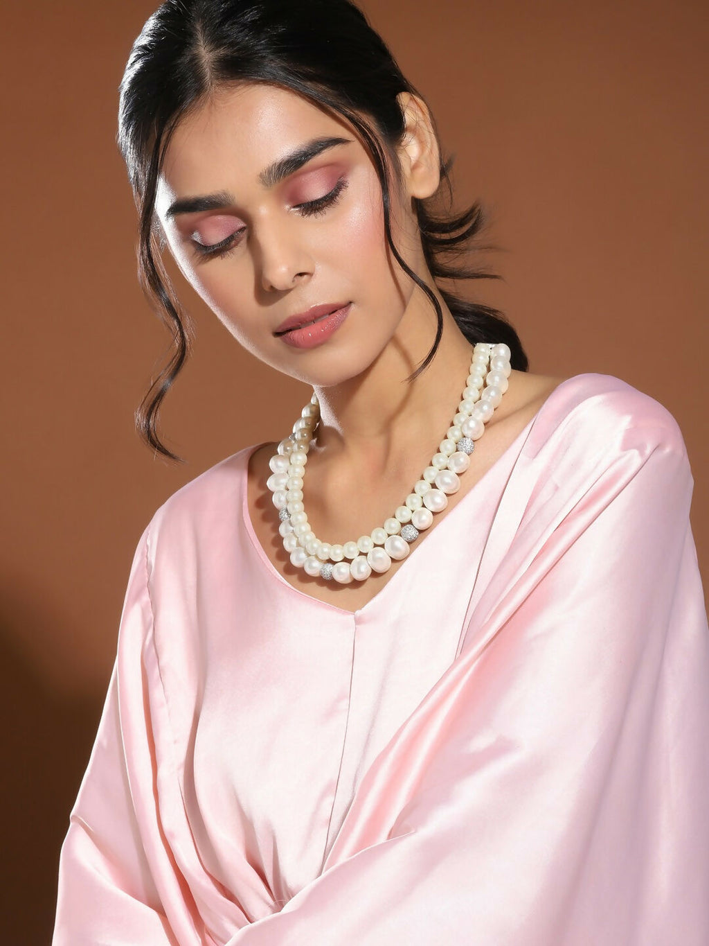 Layered Pearl White Neckpiece in Silver Chain- Ruby Raang | Grocsy