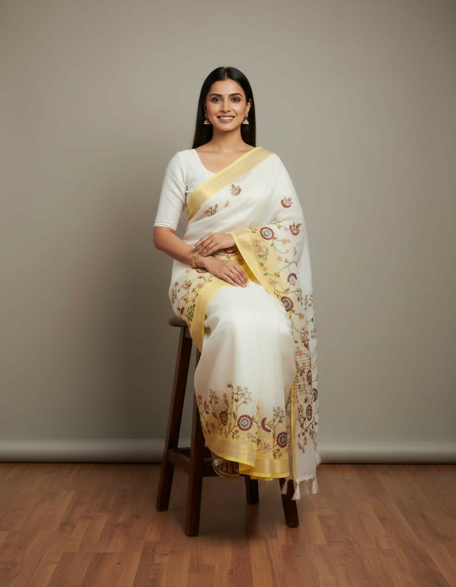 Morchari White Mal Chanderi With All Over Kantha Hand Work Saree | Grocsy