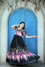 Jyoti Fashion Women's Black Floral Digital Printed Chinon Anarkali Dress | Grocsy