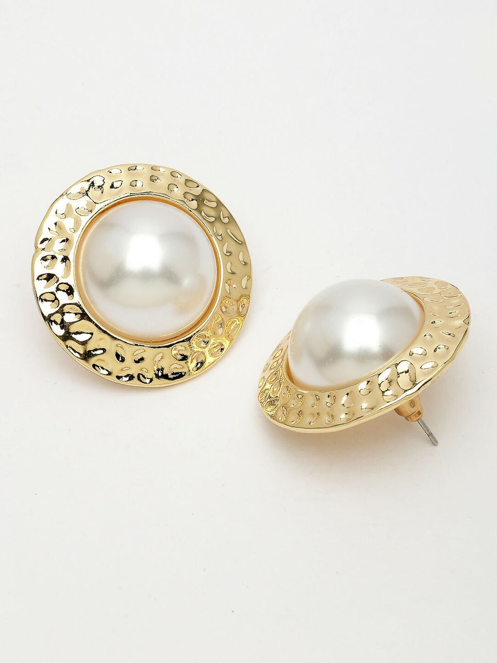 NVR Women's Gold-Polished White Pearl Circular Shape Studs Earring