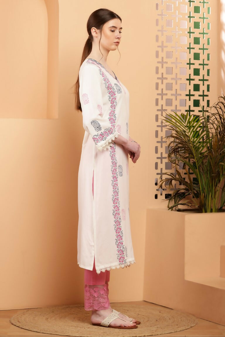 Cheera Women Stylish Hand Block Printed Cotton Blend Flared Kurta - Off White | Grocsy