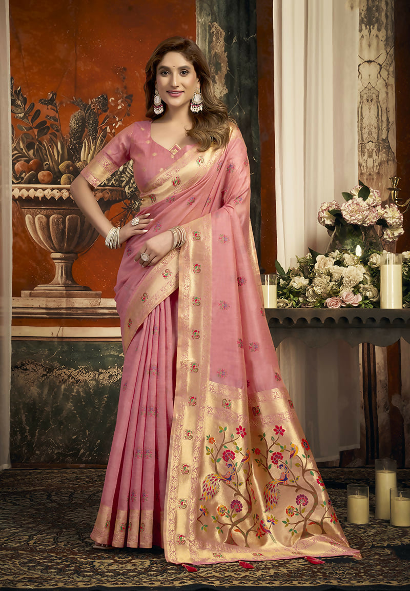Monjolika Fashion Blush Pink Kota Silk Blend Paithani Saree with Meenakari Floral Bootis | Grocsy