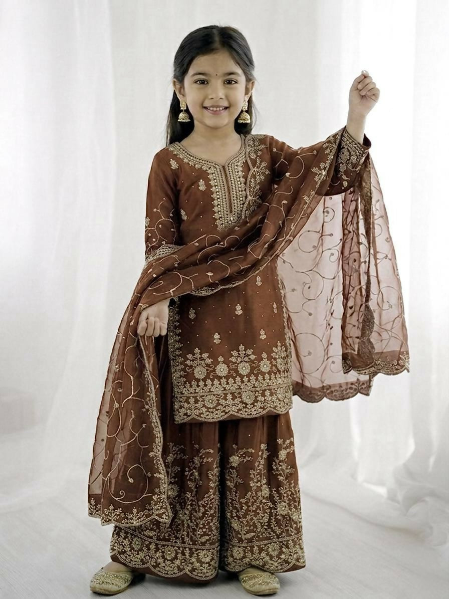 Teeya Creation Girls Heavy Embroidery Brown Ethnic Kurta And Palazzo Set With Net Dupatta | Grocsy