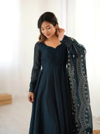 Joban Fashion Blue Chinnon Silk Sequence Embroidery Work Readymade Kurta Set | Grocsy