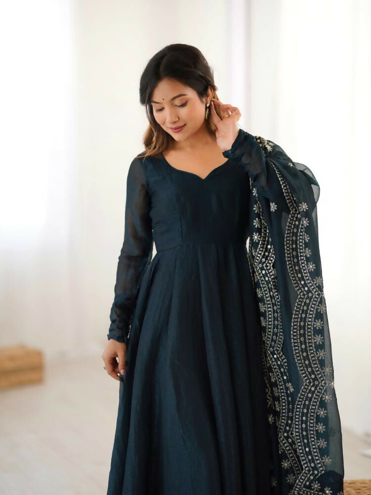 Joban Fashion Blue Chinnon Silk Sequence Embroidery Work Readymade Kurta Set | Grocsy