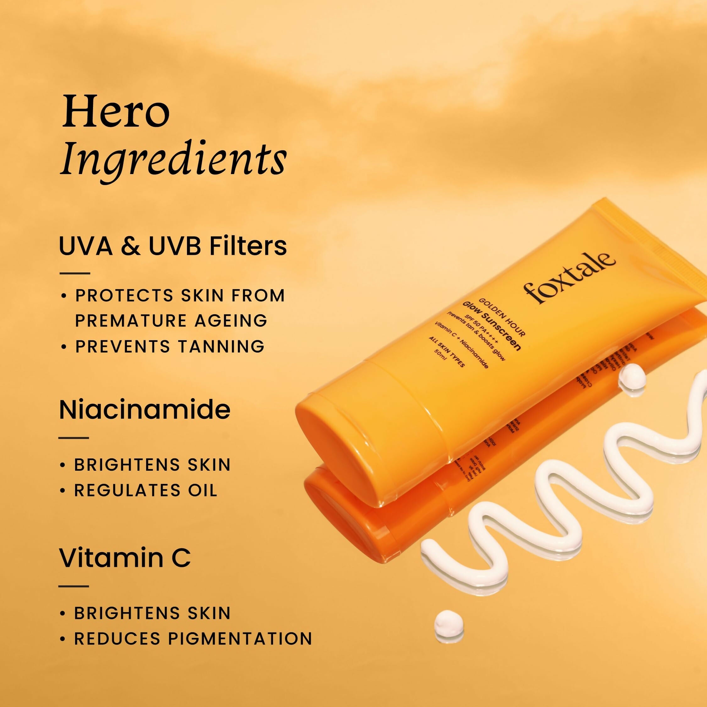 Foxtale Glow Sunscreen SPF 50 PA++++ Lightweight With Vitamin C And Niacinamide For a Dewy Glow, UVA And UVB Filters Prevents Tan | Grocsy