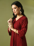 Myshka Women's Maroon Embroidered Cotton A-Line Party Kurta Set | Grocsy
