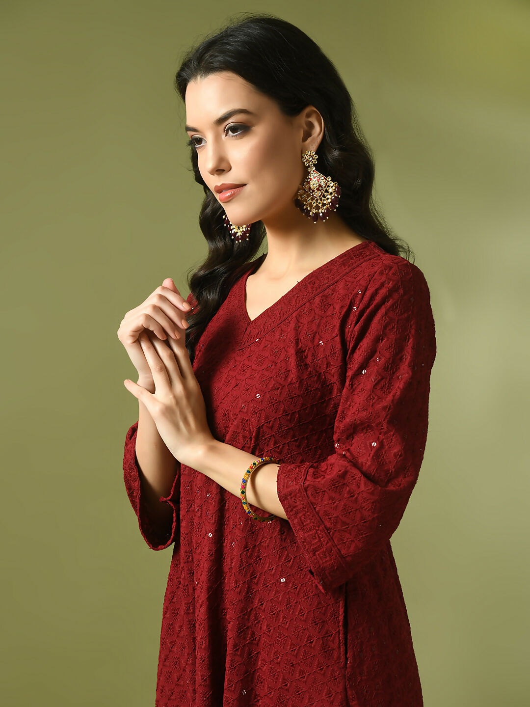 Myshka Women's Maroon Embroidered Cotton A-Line Party Kurta Set | Grocsy