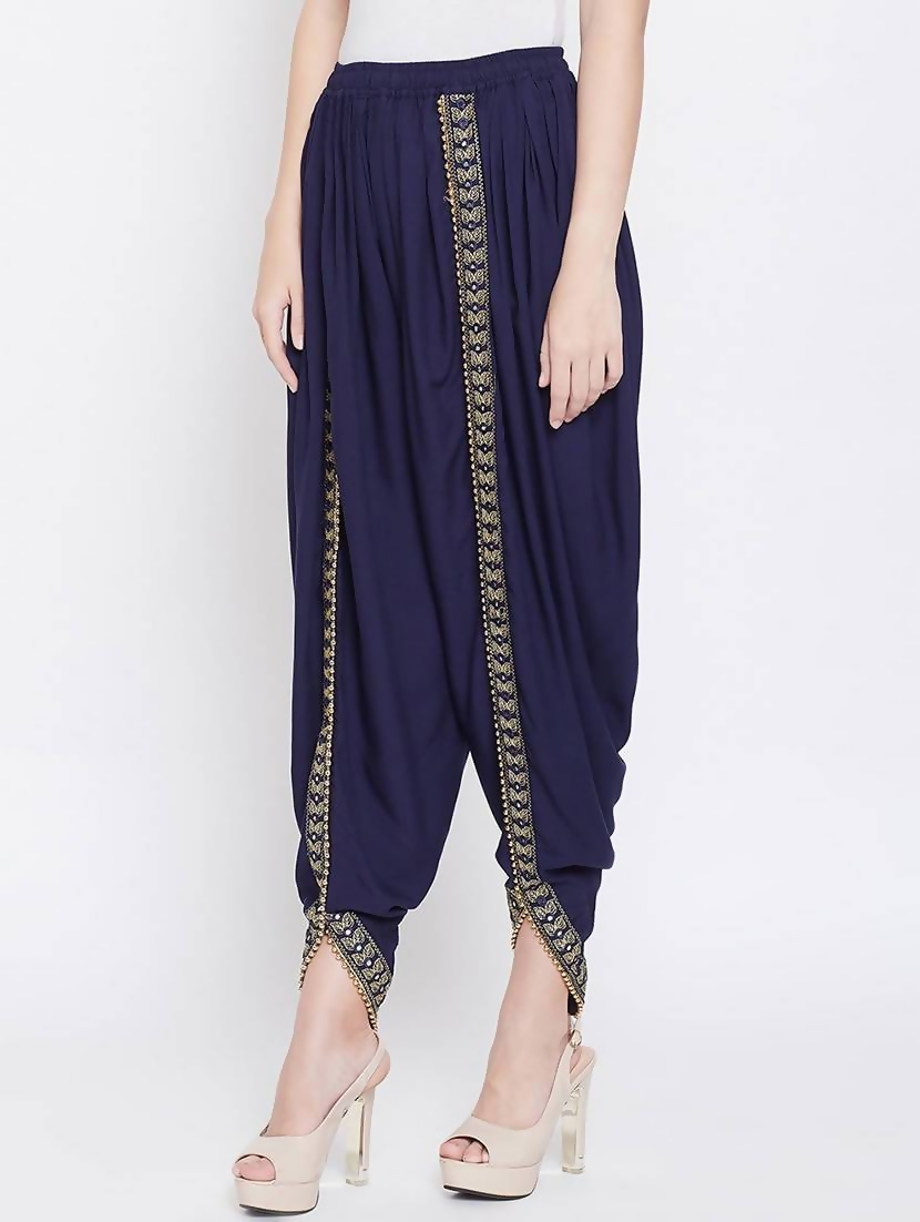 Cheera Women's Navy Viscose Rayon Dhoti With Golden Lace | Grocsy