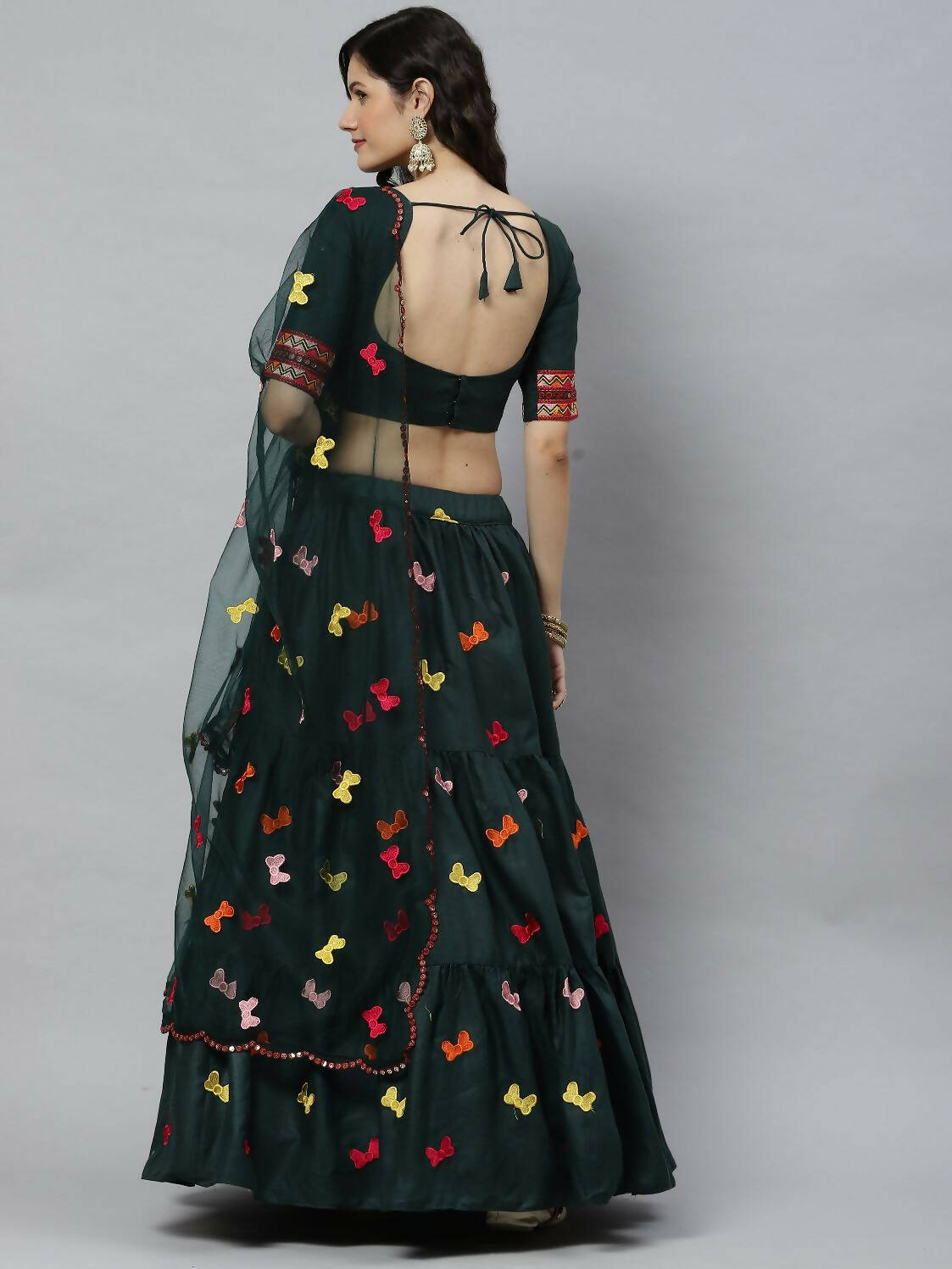Dark Green Cotton Embroidered Work Lehenga Choli with Dupatta - Jivika | Grocsy