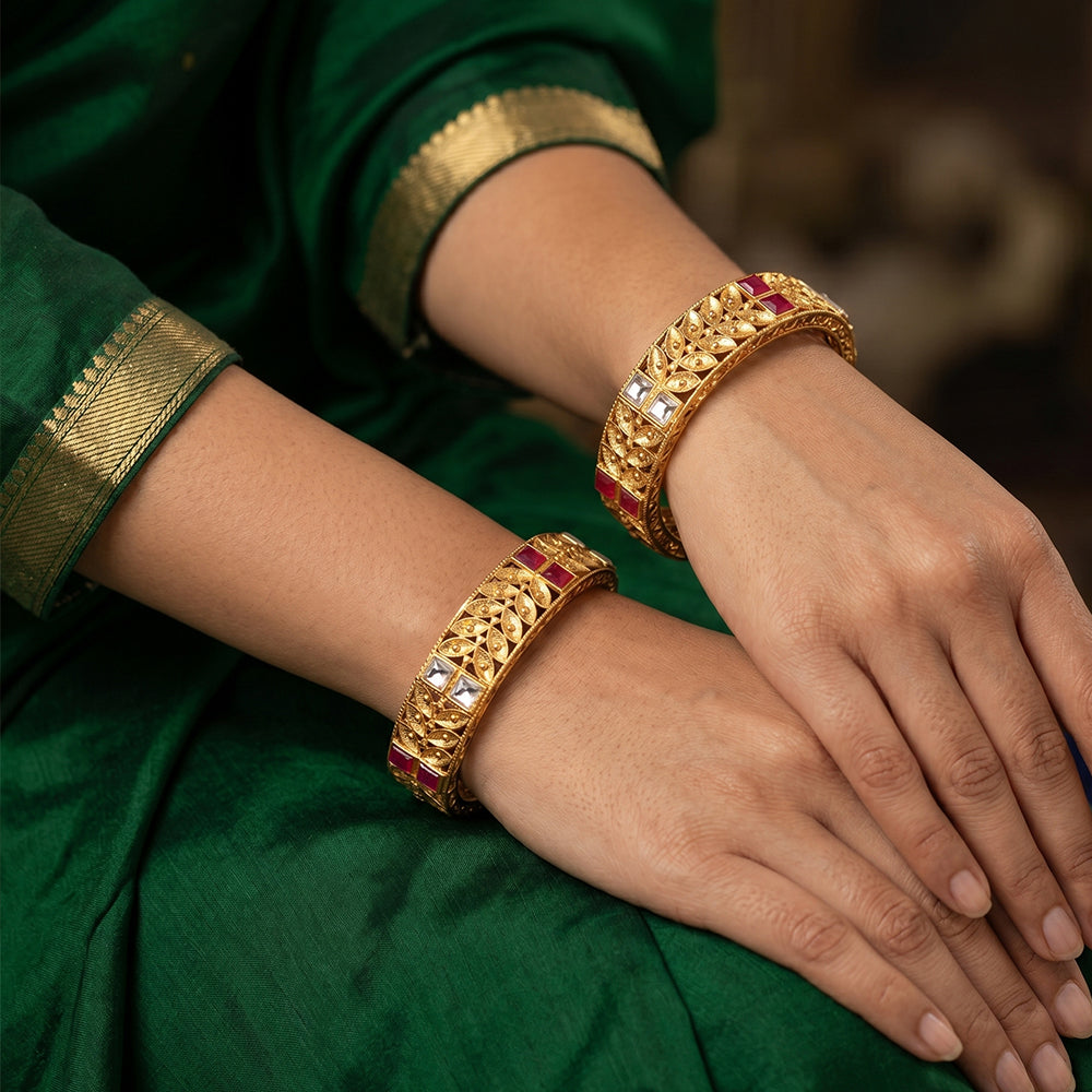 JS Fashion Antique Design Party Wear Beautiful Rajwadi Polish Bangle Set Of 2 | Grocsy