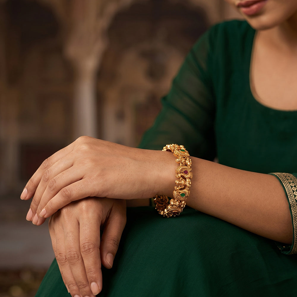 JS Fashion Temple God Laxmi And Peacock Design High Gold Polish Full Stone 2 Bangles Set | Grocsy