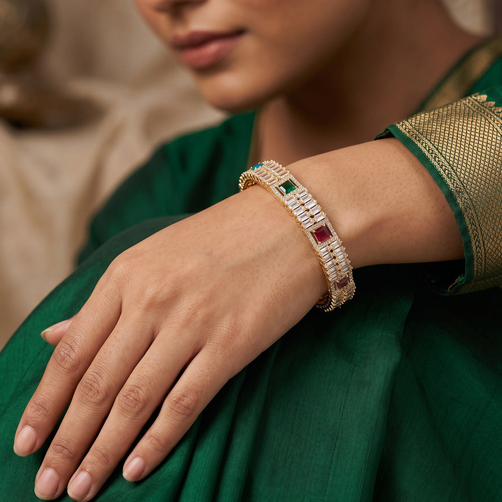JS Fashion Elegant Cz Stone Wedding Wear Broad Bangles For Women | Grocsy