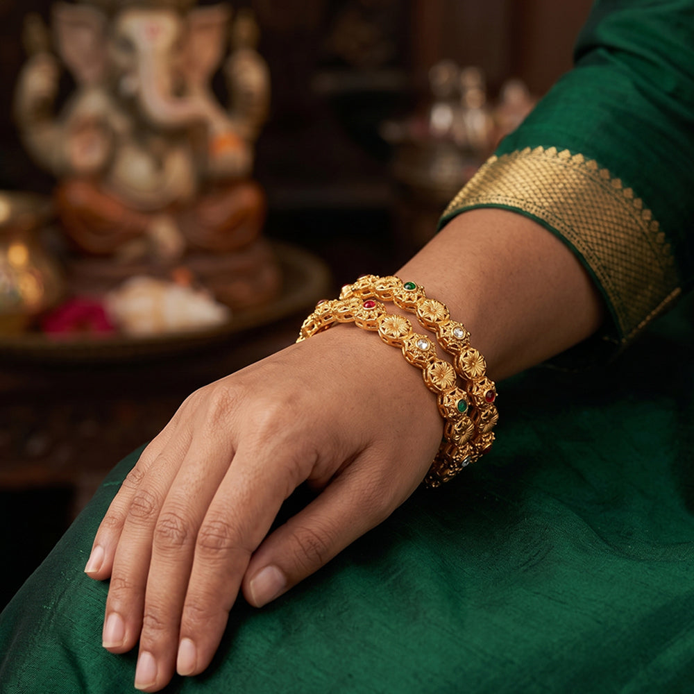 JS Fashion Designer High Gold Bangles With Floral Carving Design | Grocsy