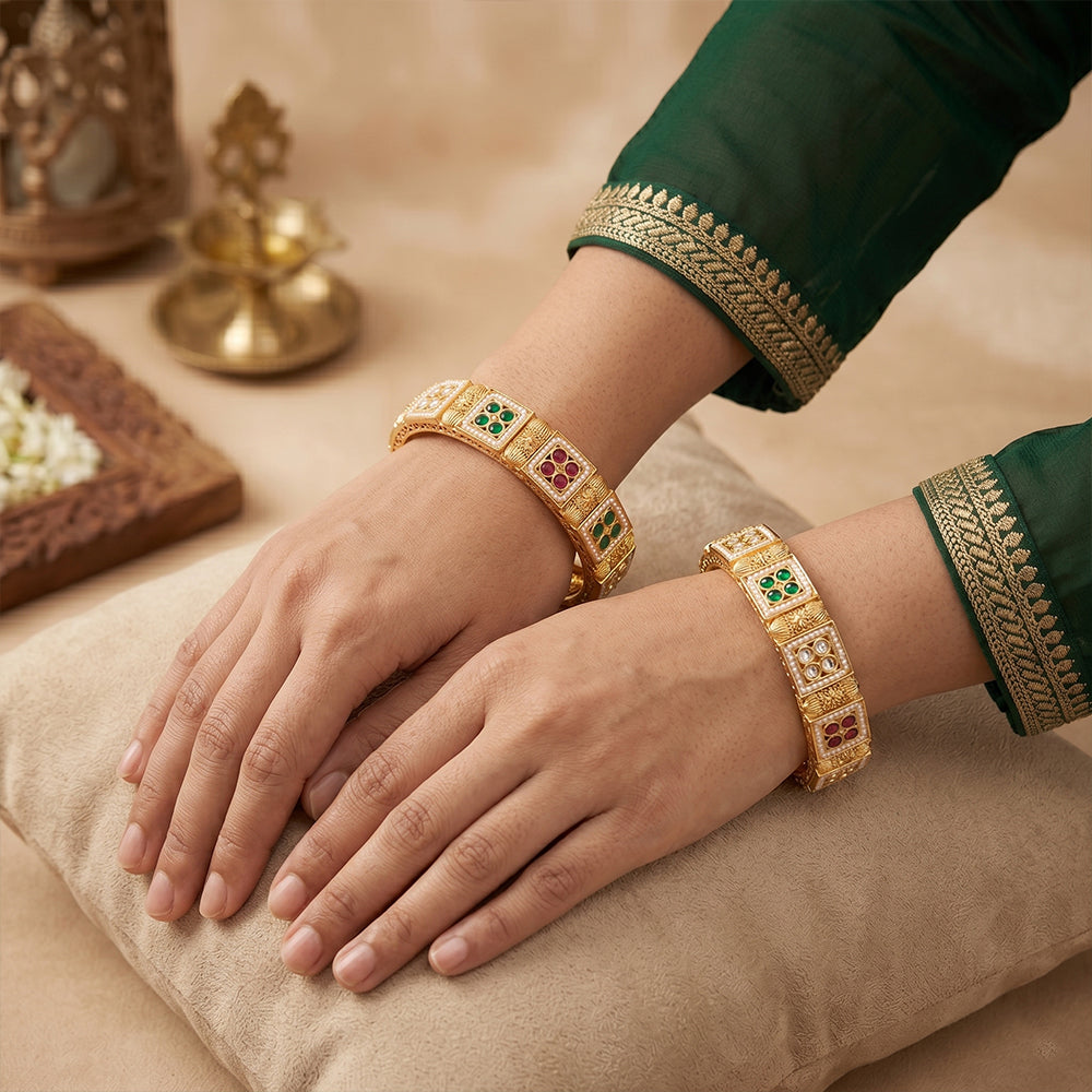JS Fashion Antique High Gold Bangles With Square Stone Design | Grocsy