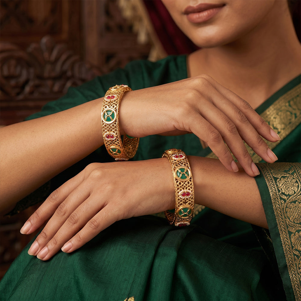 JS Fashion Traditional High Gold Bangles With Floral Jali Pattern | Grocsy