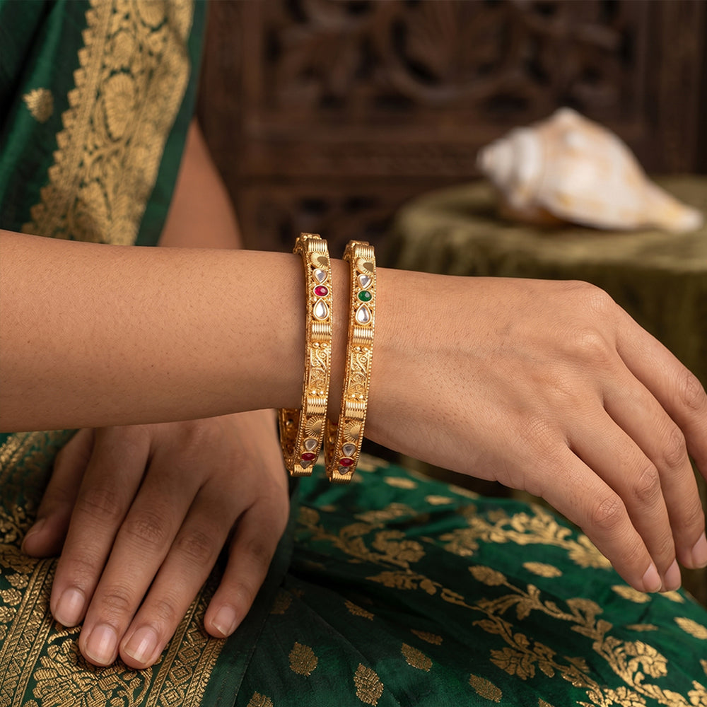 JS Fashion Antique High Gold Bangles With Kundan Stone Work | Grocsy