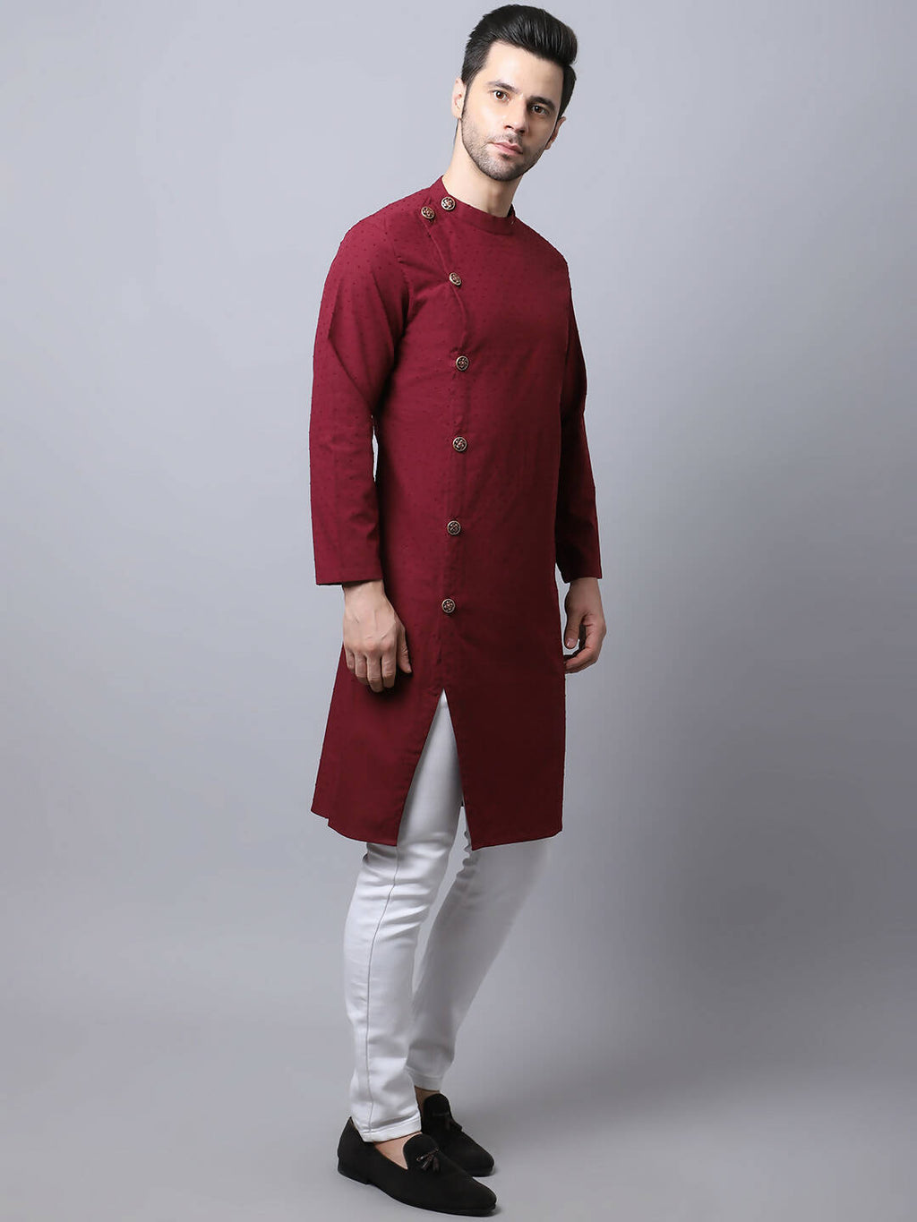 Even Apparels Maroon Pure Cotton Sherwani Men's Kurta With Asymetrical Cut | Grocsy