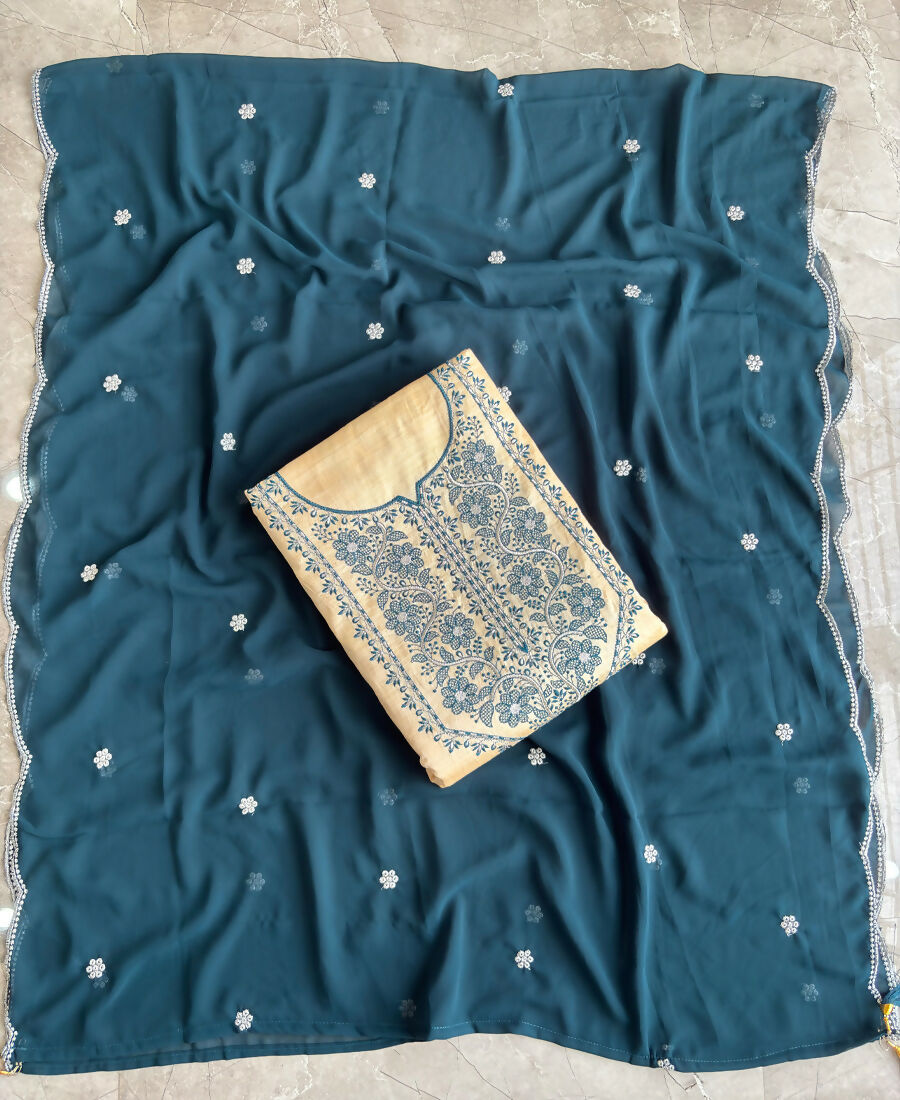 KC Khadi Cotton White Suit With Blue Dupatta 3 Piece Pair For Women | Grocsy