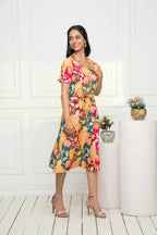 Myshka Women Multi - Abstract Rayon A-Line V-Neck Dress | Grocsy