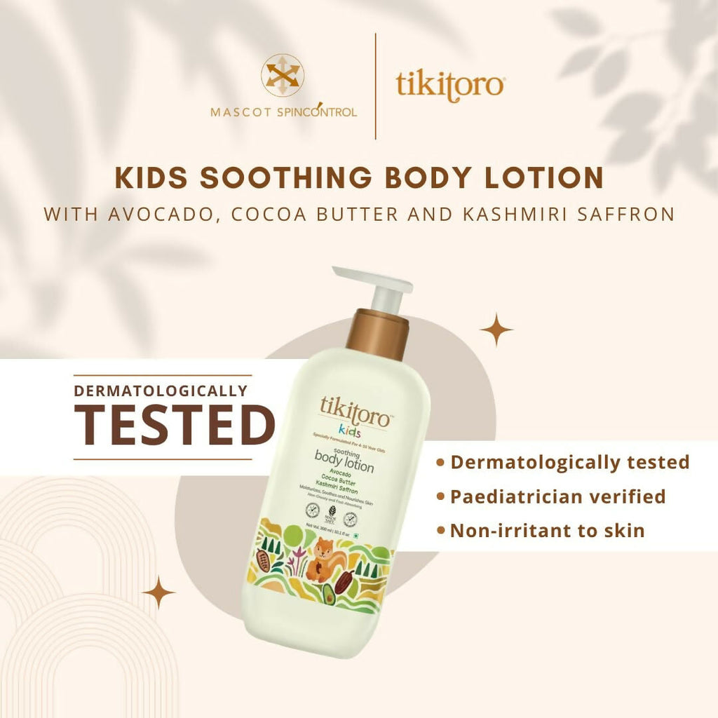 Tikitoro Kids Soothing Body Lotion 100% Vegan with Avocado, Cocoa Butter, Kashmiri Saffron Extract, Moisturizes, Soothes & Nourishes Skin | Grocsy
