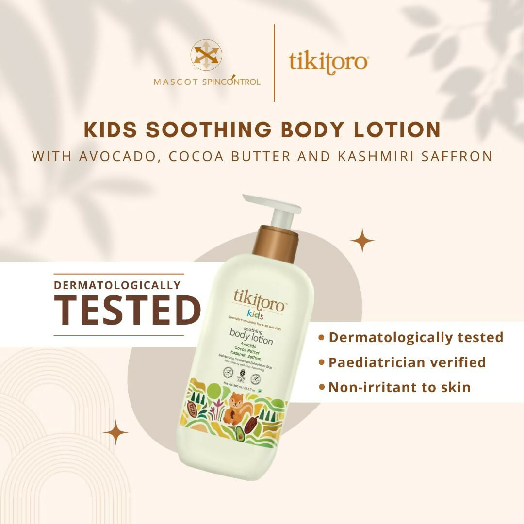 Tikitoro Kids Soothing Body Lotion 100% Vegan with Avocado, Cocoa Butter, Kashmiri Saffron Extract, Moisturizes, Soothes & Nourishes Skin | Grocsy