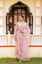 Vaasva Women White Organza Floral Print & Embroidered Anarkali Kurta, Pant & Dupatta set | Grocsy