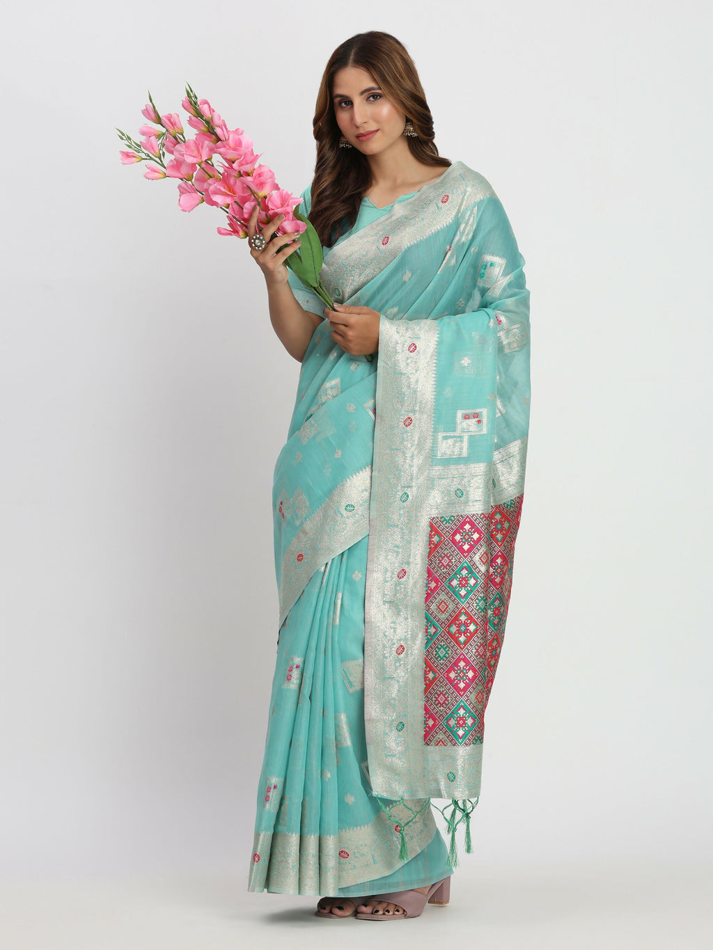 Shree Shyam Fashion Linen Cotton Sea Green Saree | Grocsy