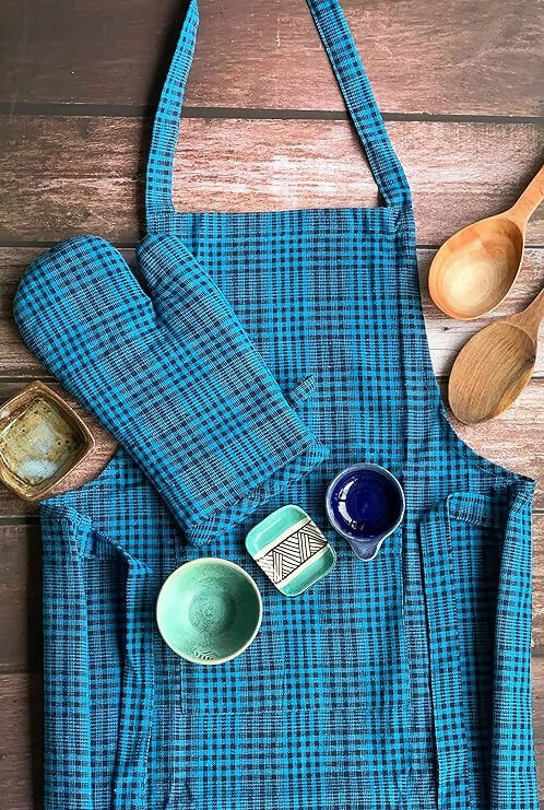 Pixel Home Decor Cotton Apron With Front Pocket-Blue Stripe Apron | Grocsy