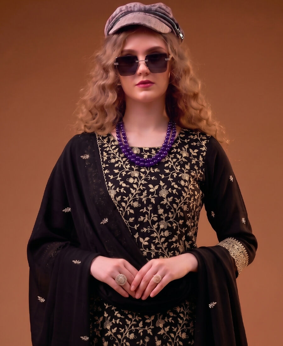 KC Black Straight Suit For Women Georgette Fabric | Grocsy