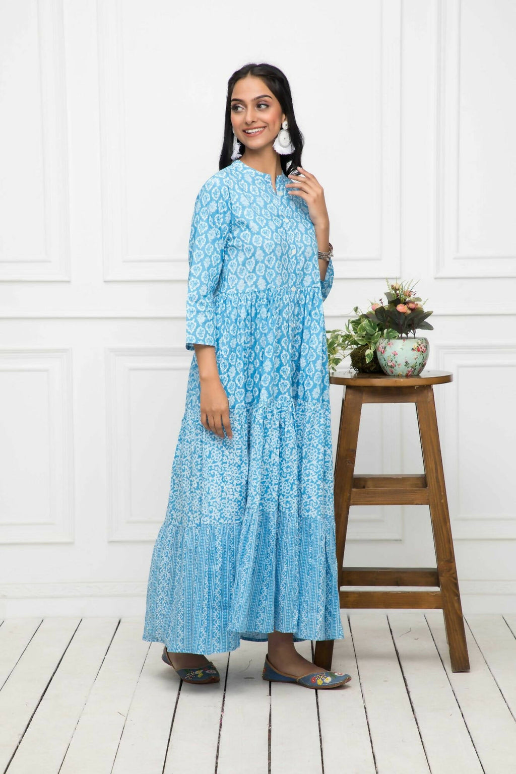 Myshka Women Blue Floral Cotton A-Line Mandarin Collar Long Dress | Grocsy